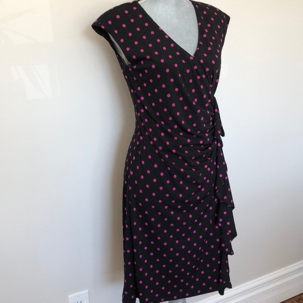 Black with pink polka dots wrap dress.